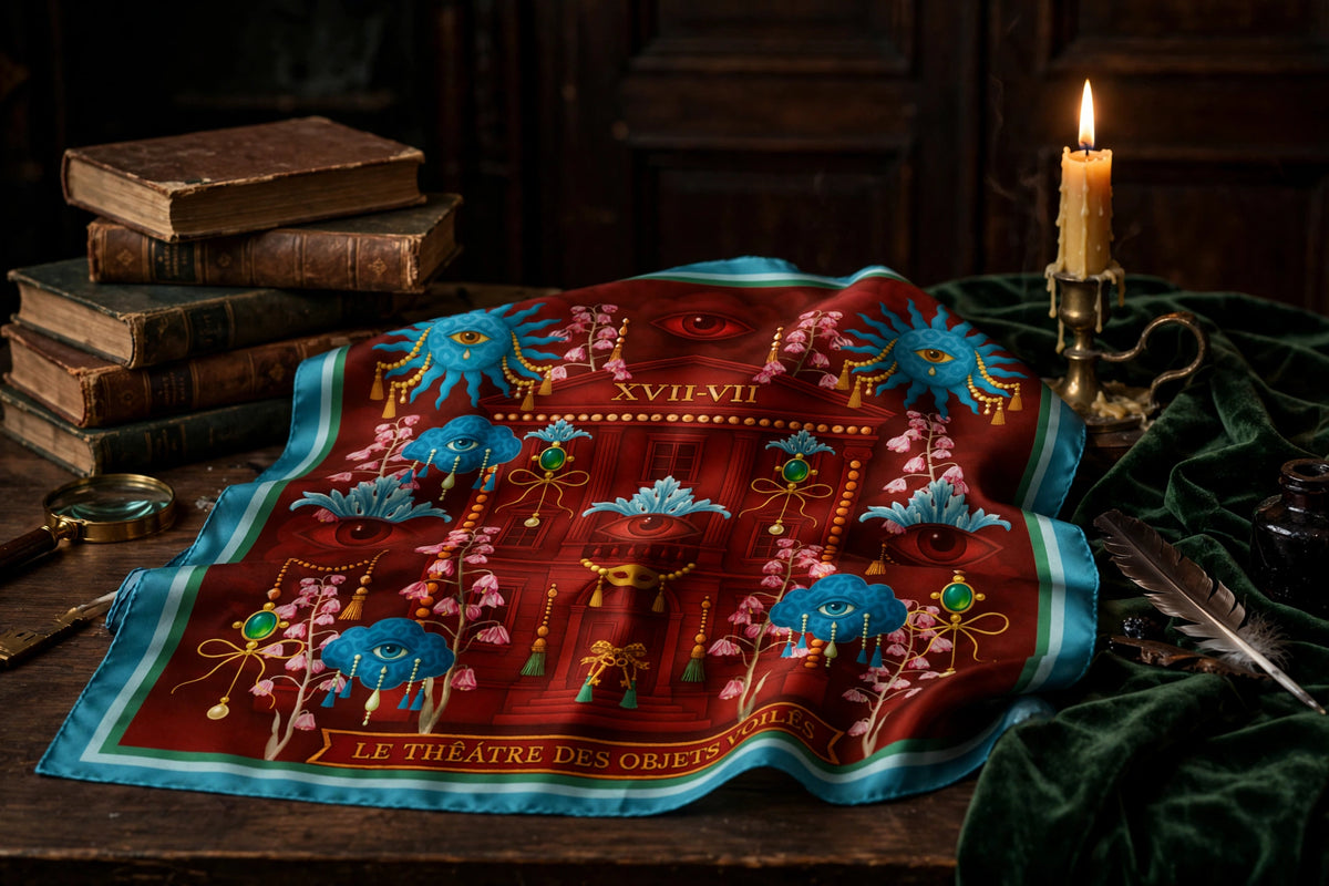 Silk scarf No.10 — Le Théâtre des Objets Voilés, draped flat lay