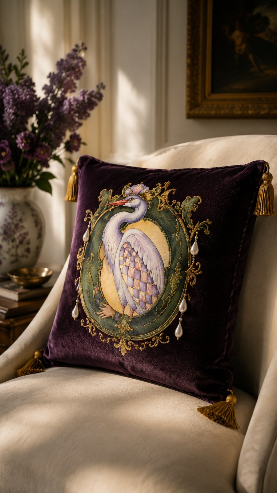 An Atelier MHB illustrated velvet cushion in an antique chair